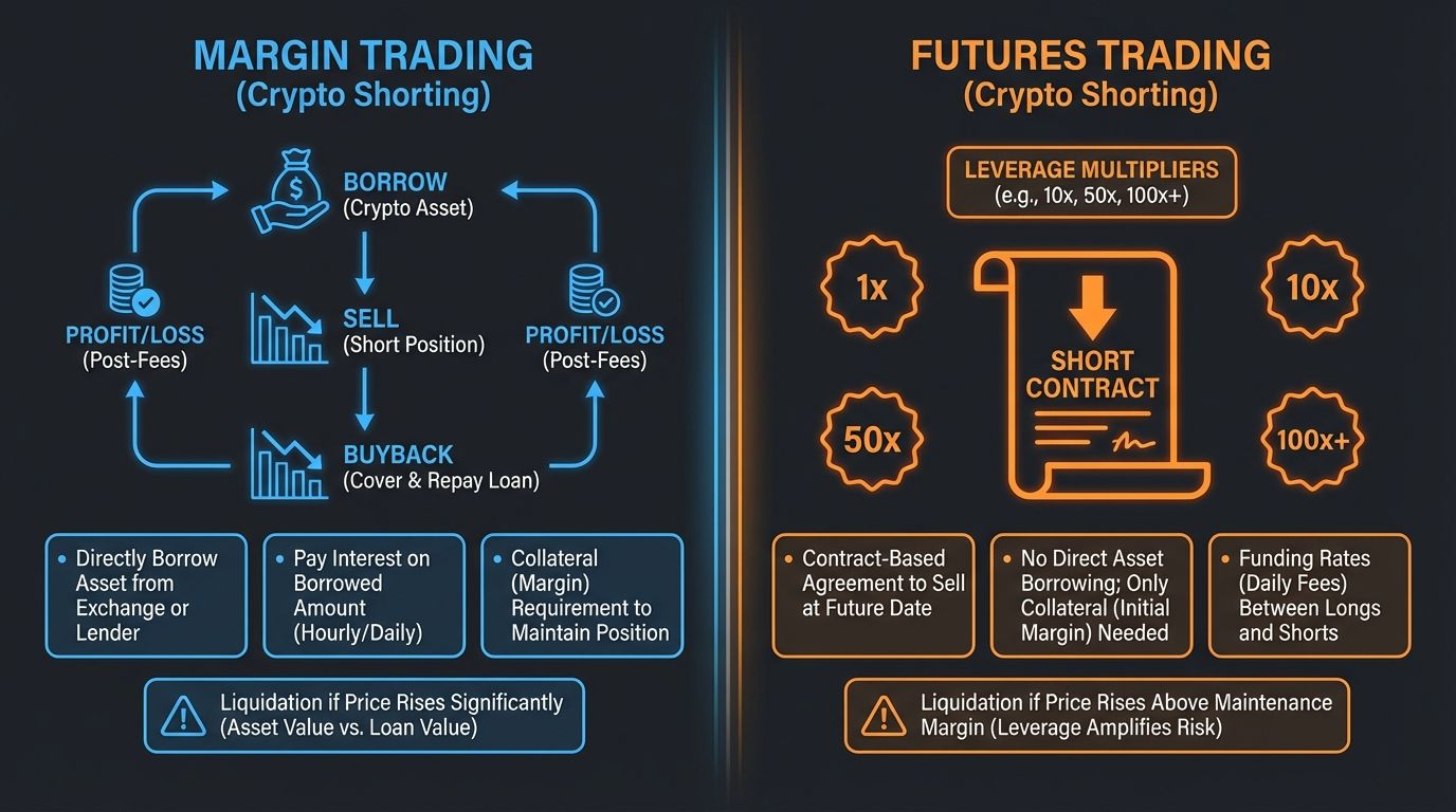 Margin trading and futures are the two primary methods for shorting crypto, each