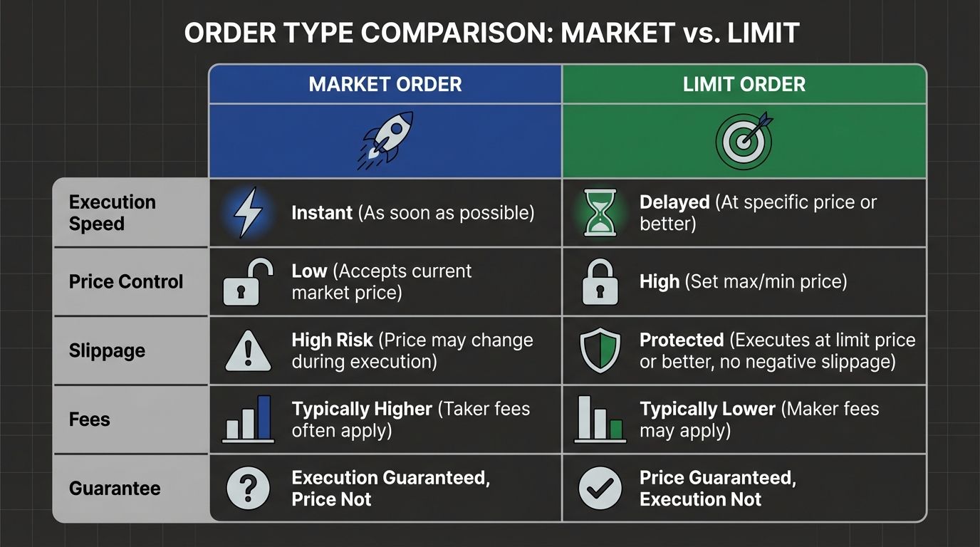 Market orders prioritize speed while limit orders prioritize price control. The 