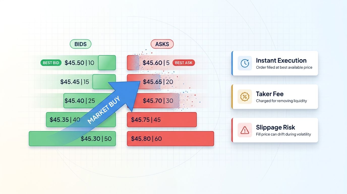 Market orders consume liquidity from the order book, executing instantly at the 