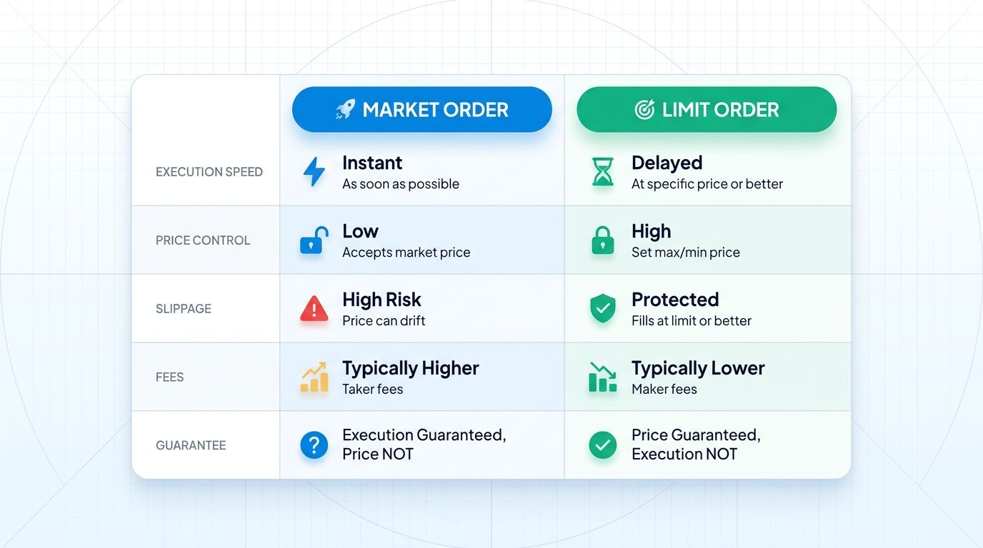 Market orders prioritize speed while limit orders prioritize price control. The 