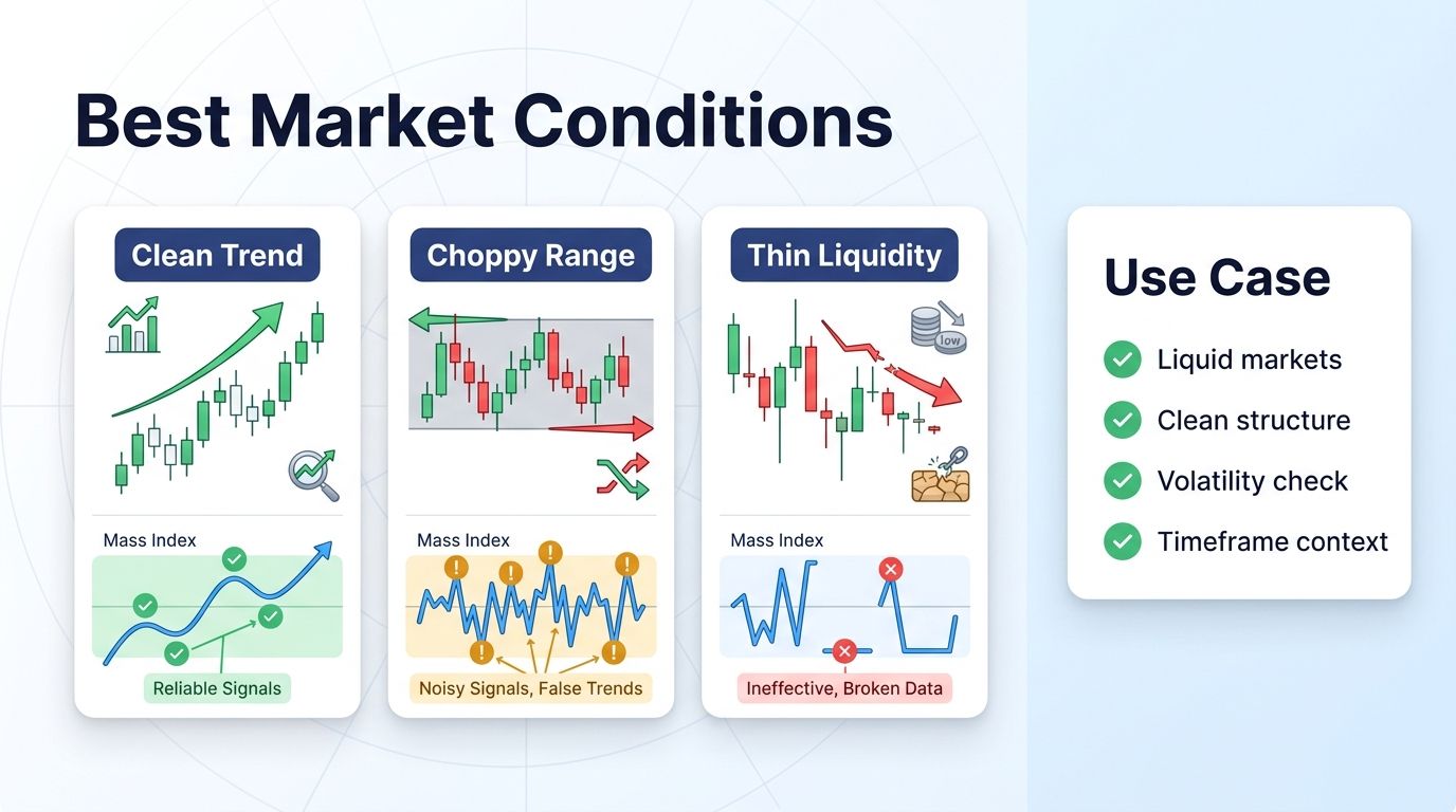 Best market conditions for Mass Index in crypto trading