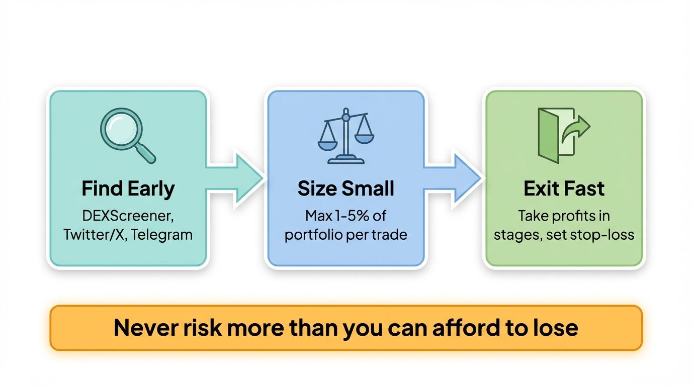 Three-step meme coin trading strategy: find early using DEXScreener and Twitter, size small at 1-5% of portfolio, exit fast with staged profit taking