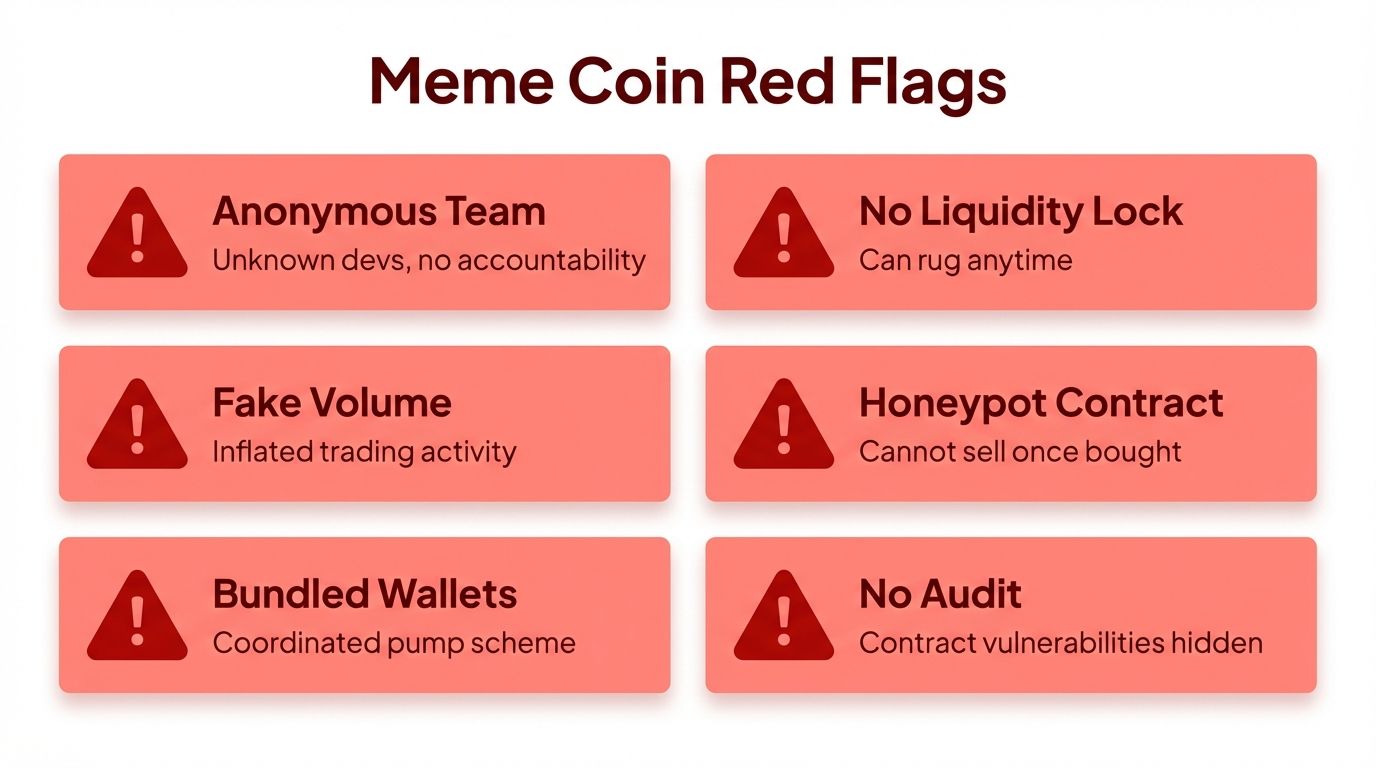 Six meme coin red flags to avoid: anonymous team, no liquidity lock, fake volume, honeypot contract, bundled wallets, no audit