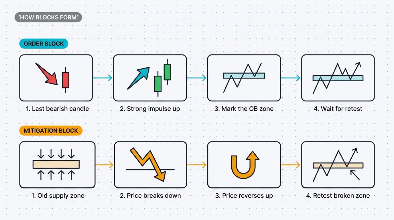 How order blocks and mitigation blocks form step by step