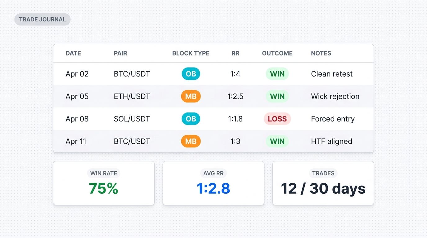 Block-based trade journal with setup outcomes and statistics