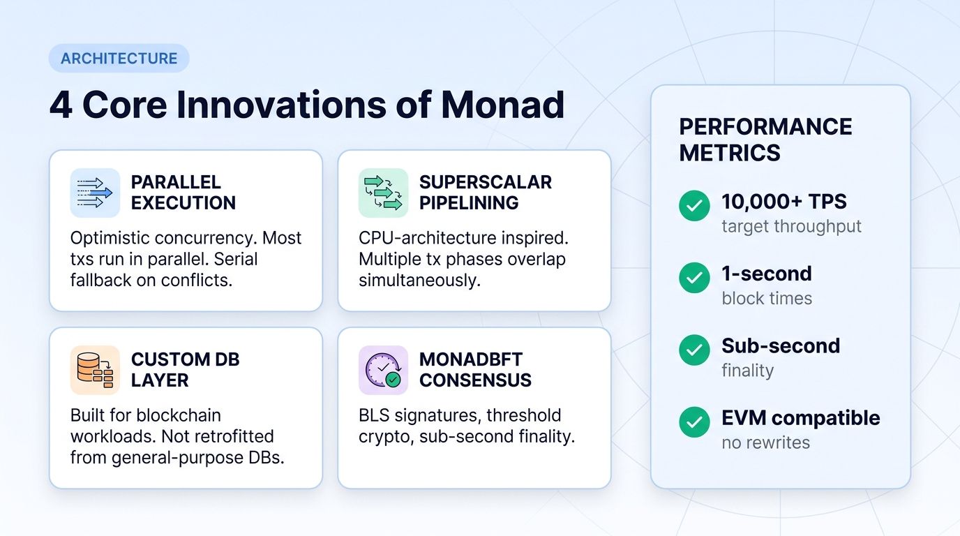 4 core technical innovations of Monad: parallel execution, pipelining, custom DB, MonadBFT