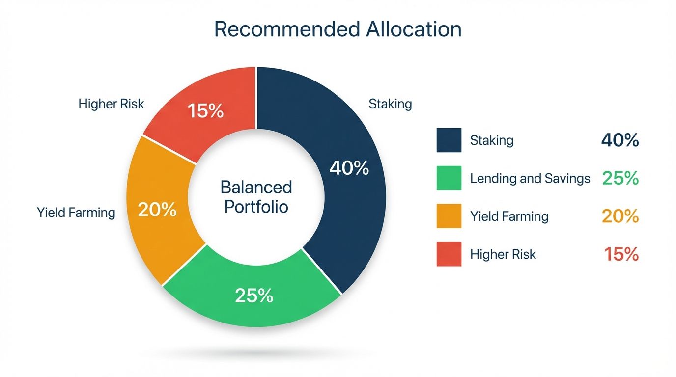 Recommended portfolio allocation pie chart for crypto passive income with 40 percent staking 25 percent lending 20 percent yield farming and 15 percent higher risk