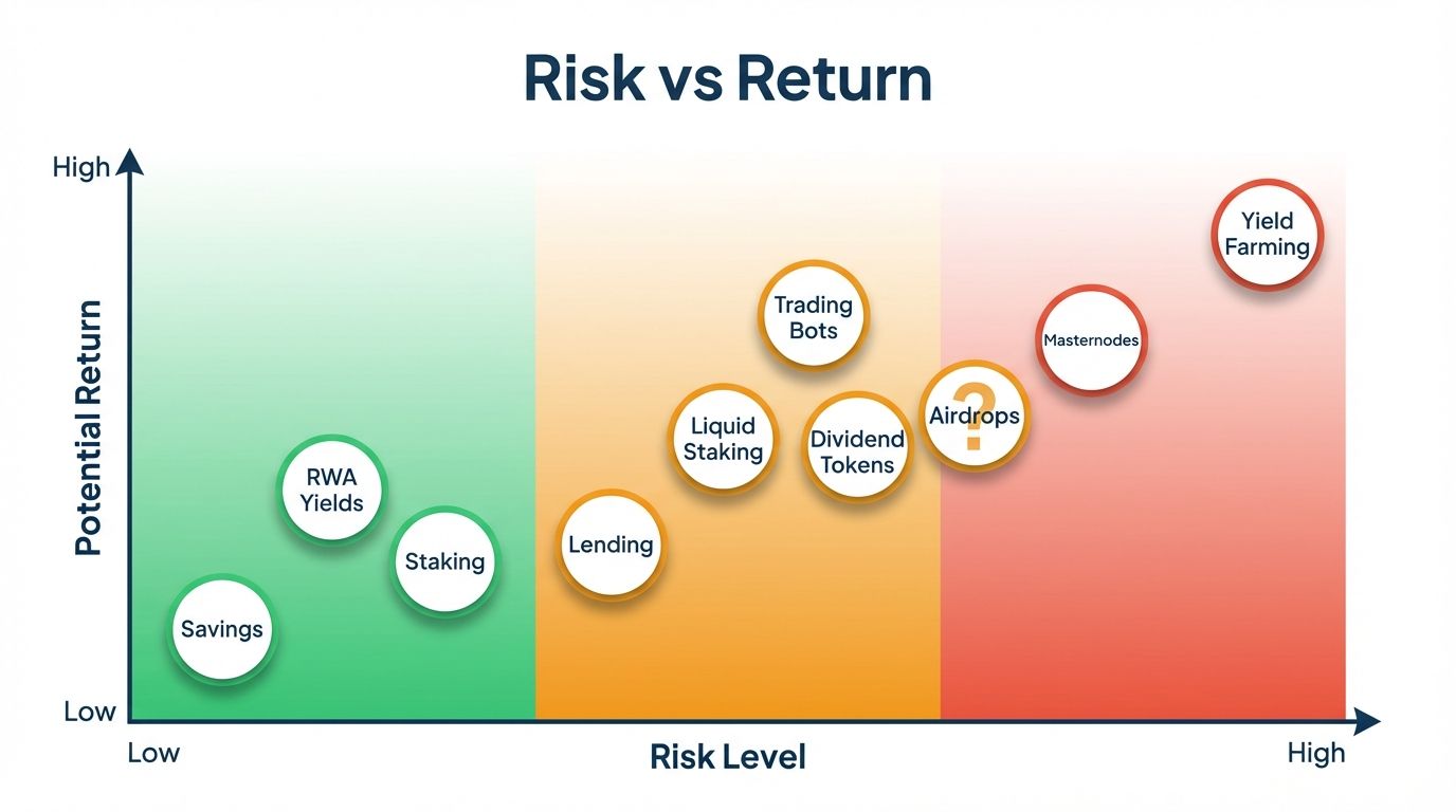 Scatter plot showing risk versus return comparison across crypto passive income strategies