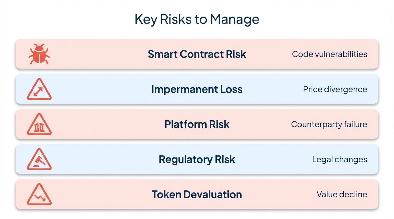 Five key risks of crypto passive income including smart contract risk impermanent loss and platform risk