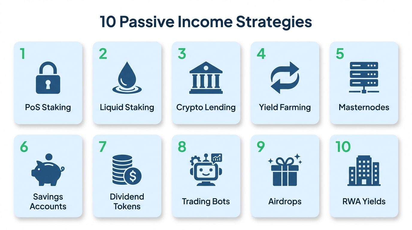 Grid overview of 10 crypto passive income strategies including staking lending yield farming and trading bots