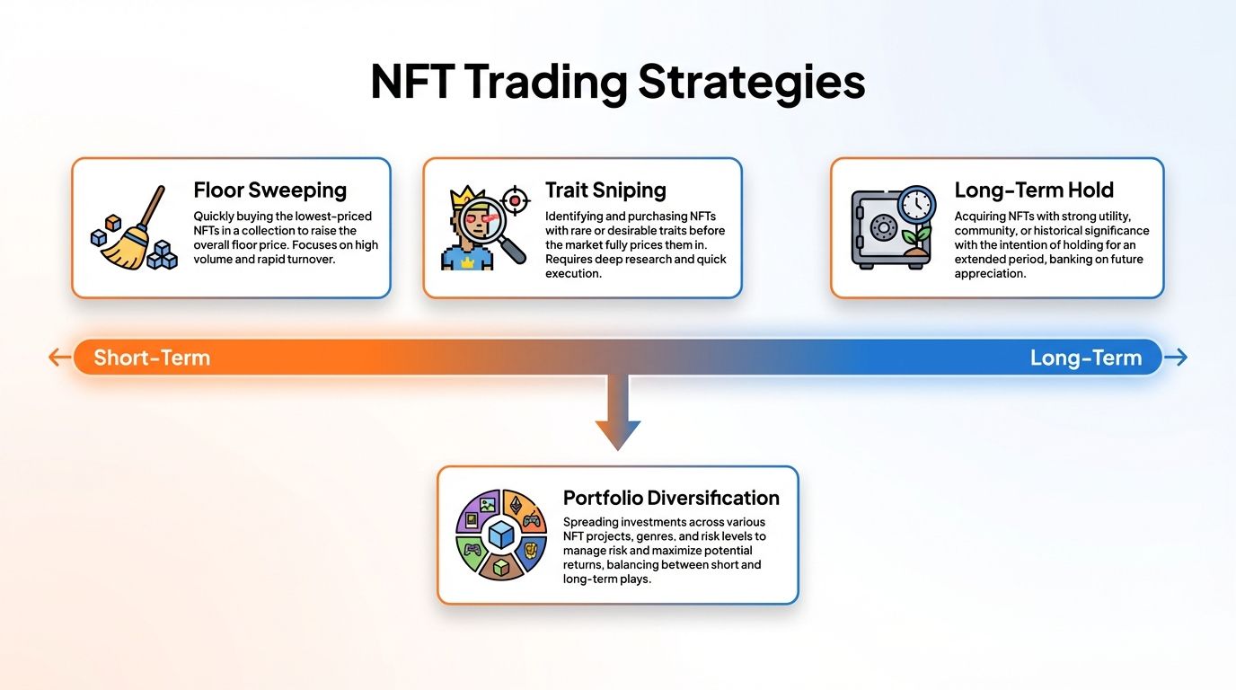 NFT trading strategies: floor sweeping, trait sniping, flipping, long-term hold, portfolio diversification