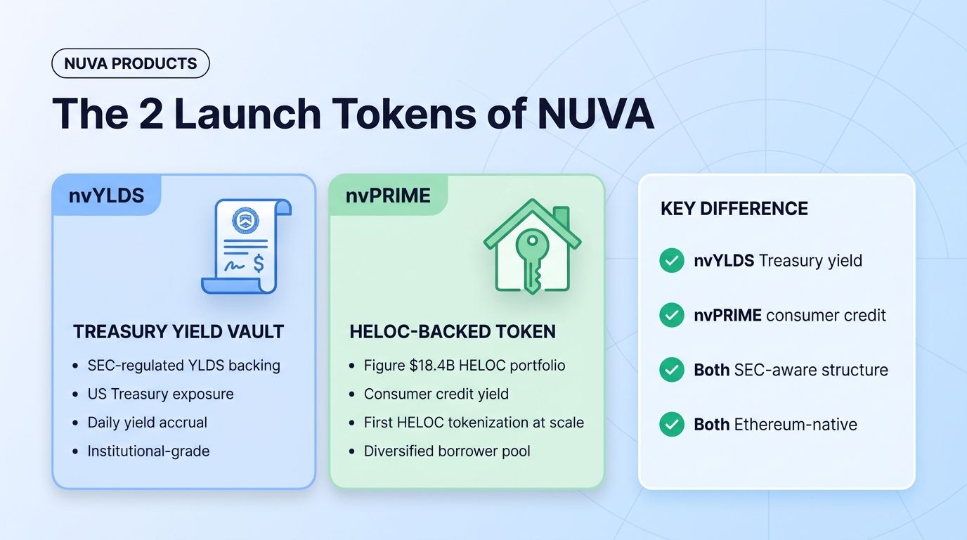 The 2 NUVA launch tokens: nvYLDS Treasury vault and nvPRIME HELOC-backed