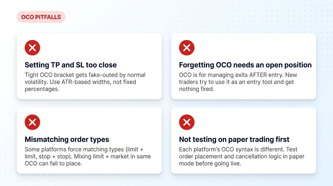 Common OCO order mistakes - too tight bracket, no open position, mismatched types, no paper test