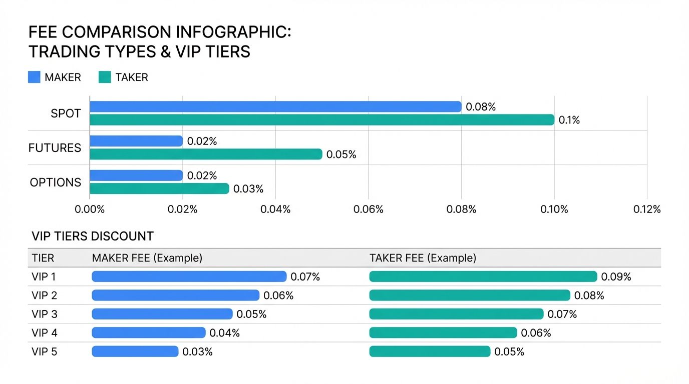 OKX fee structure showing maker and taker fees across spot, futures, and options markets