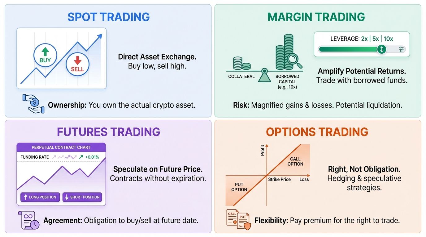 OKX trading features overview showing spot, margin, and futures trading interface