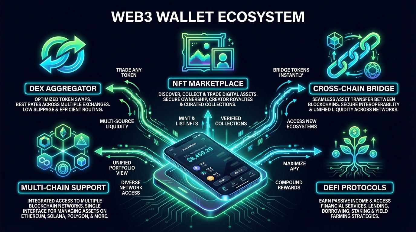 OKX Web3 wallet features including DEX aggregator and cross-chain swaps