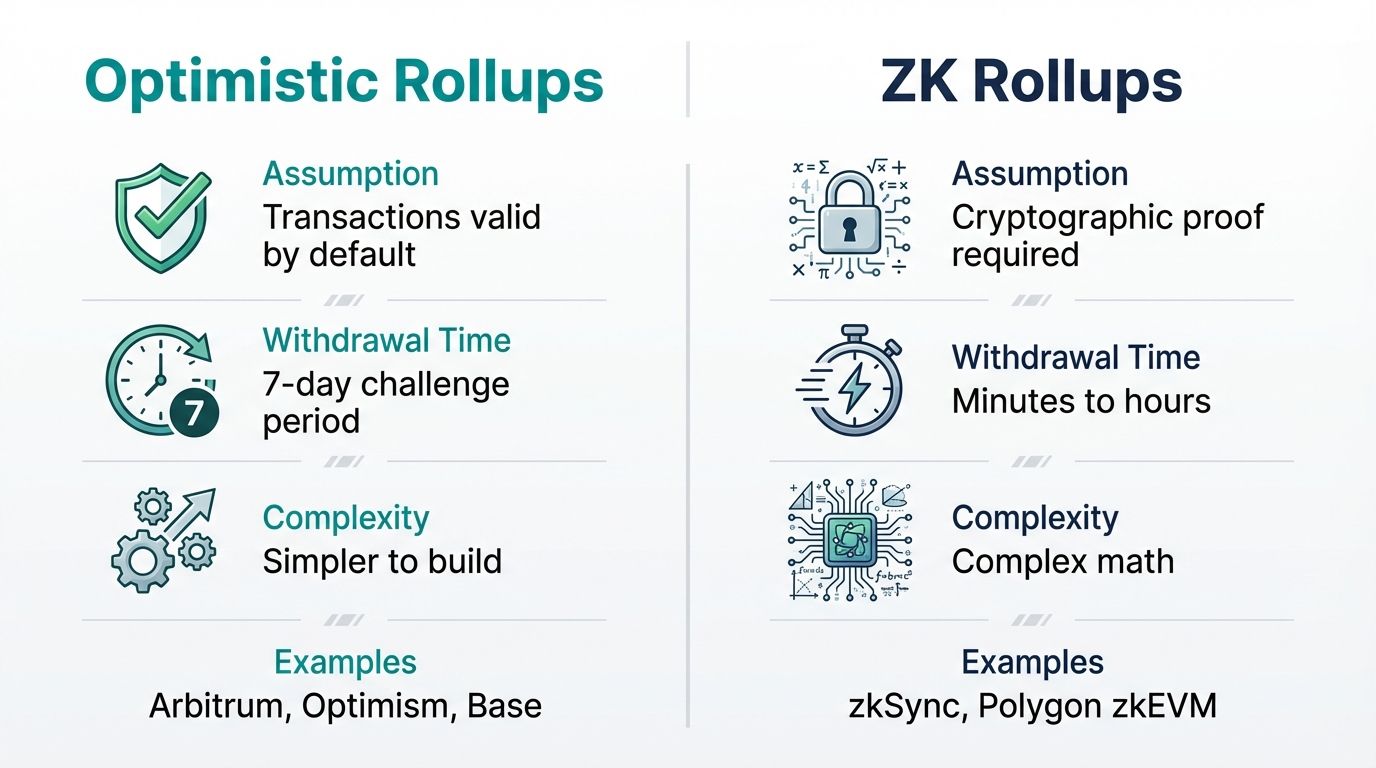 Comparison of optimistic rollups versus ZK rollups showing assumption withdrawal time complexity and examples