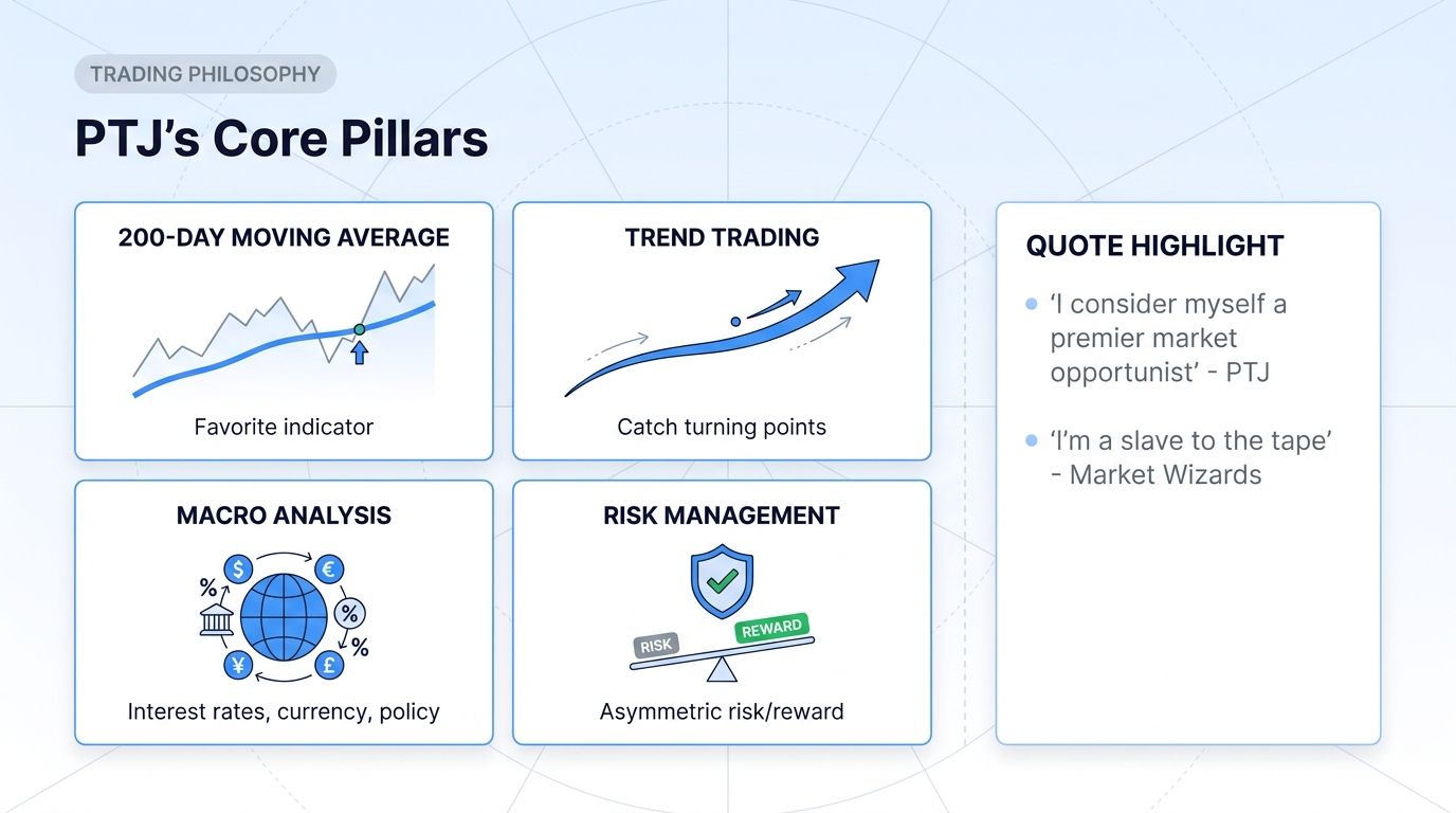 Paul Tudor Jones' trading philosophy: 200-day MA, trend trading, macro analysis, risk management.