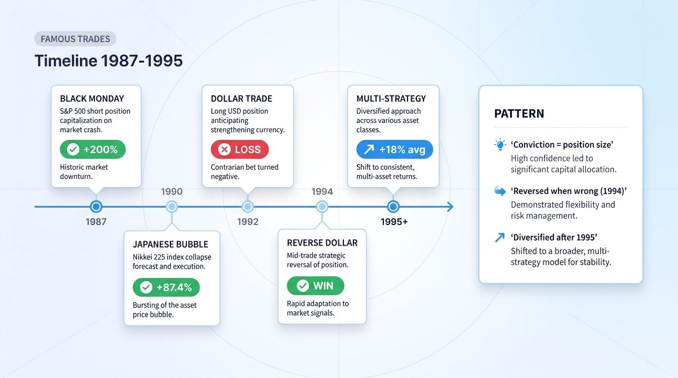Timeline of Paul Tudor Jones' famous trades 1987-1995: Black Monday, Japanese collapse, dollar bets.