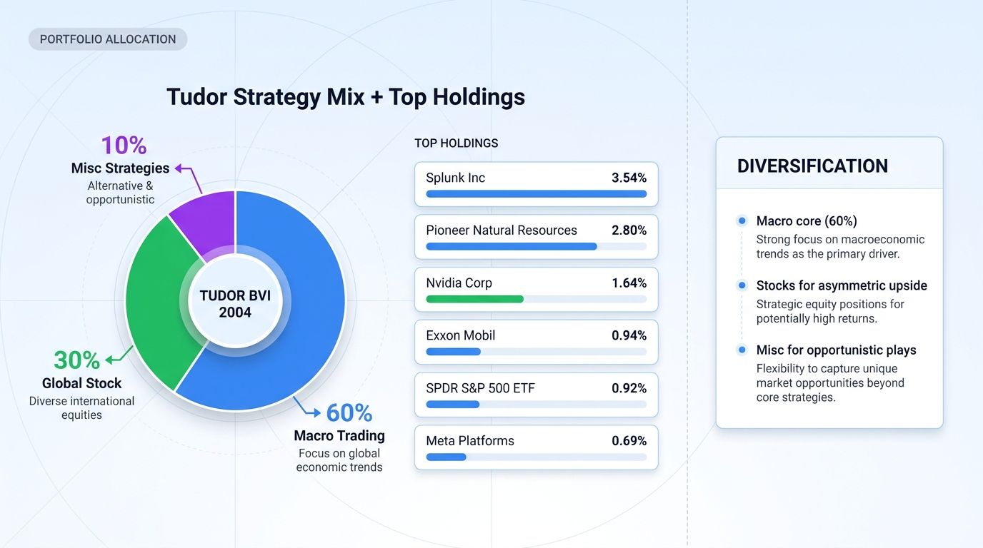 Tudor portfolio allocation: 60% macro trading, 30% global stock, 10% misc. Top holdings include Splunk, Pioneer, Nvidia.