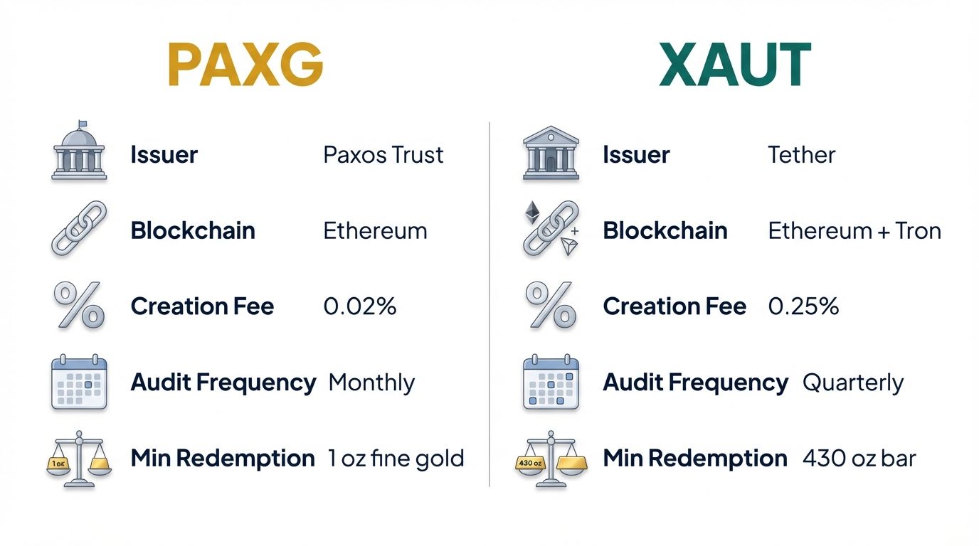 Side by side comparison of PAXG by Paxos and XAUT by Tether showing issuer blockchain creation fee audit frequency and minimum redemption