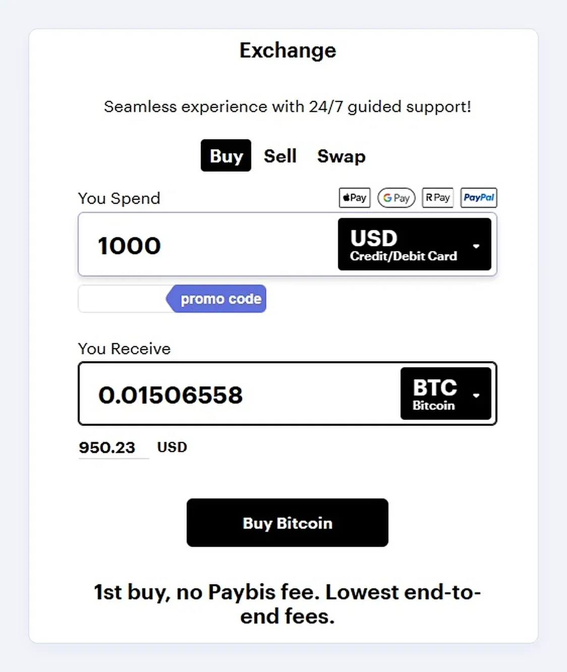 Paybis order form with 1000 USD by credit or debit card and the Bitcoin amount you receive