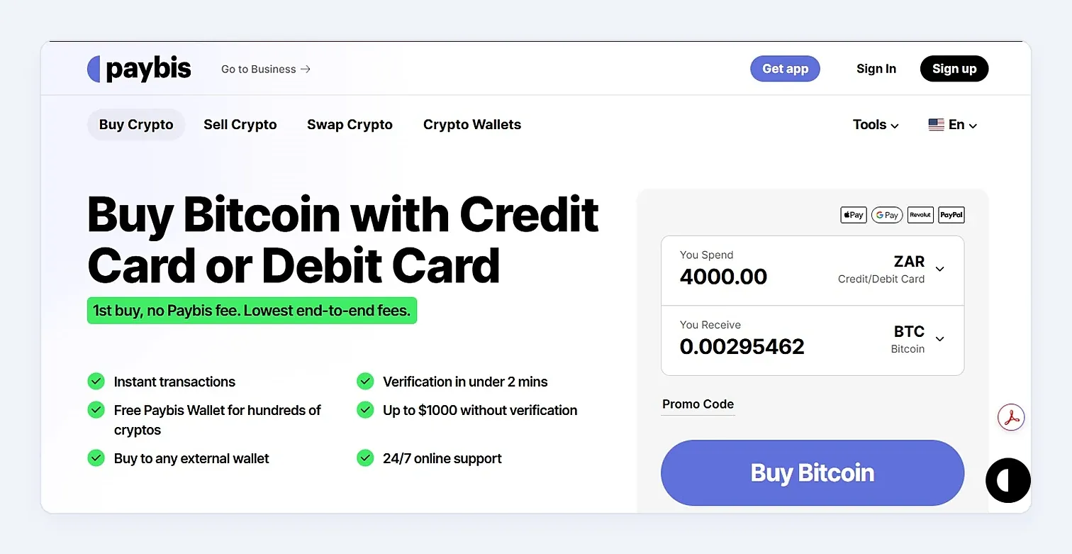 Paybis Buy Bitcoin with Credit Card or Debit Card page with the spend and receive calculator