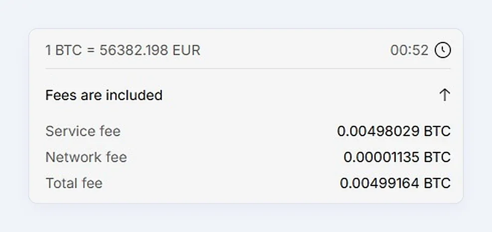 Paybis order summary with the BTC rate, service fee, network fee and total fee