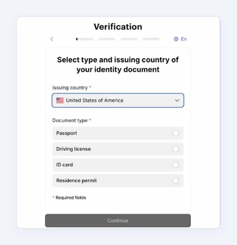 Paybis identity verification screen for choosing the issuing country and document type