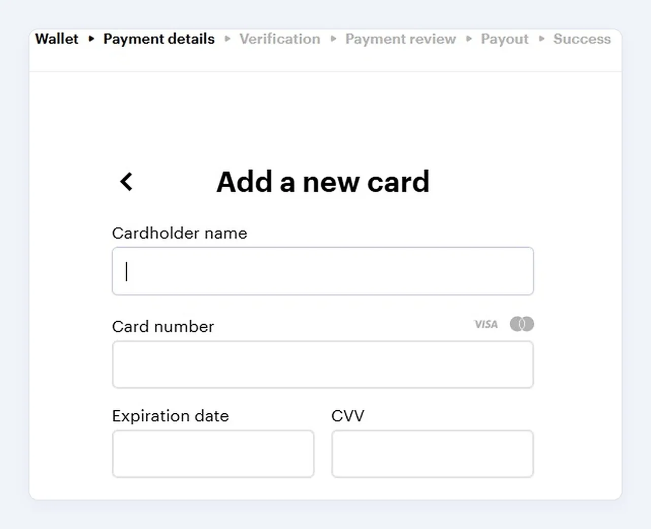 Paybis Add a new card form with cardholder name, card number, expiry date and CVV