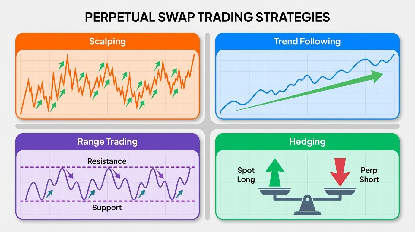 Perpetual swaps trading strategies including scalping, trend following, range trading, and hedging