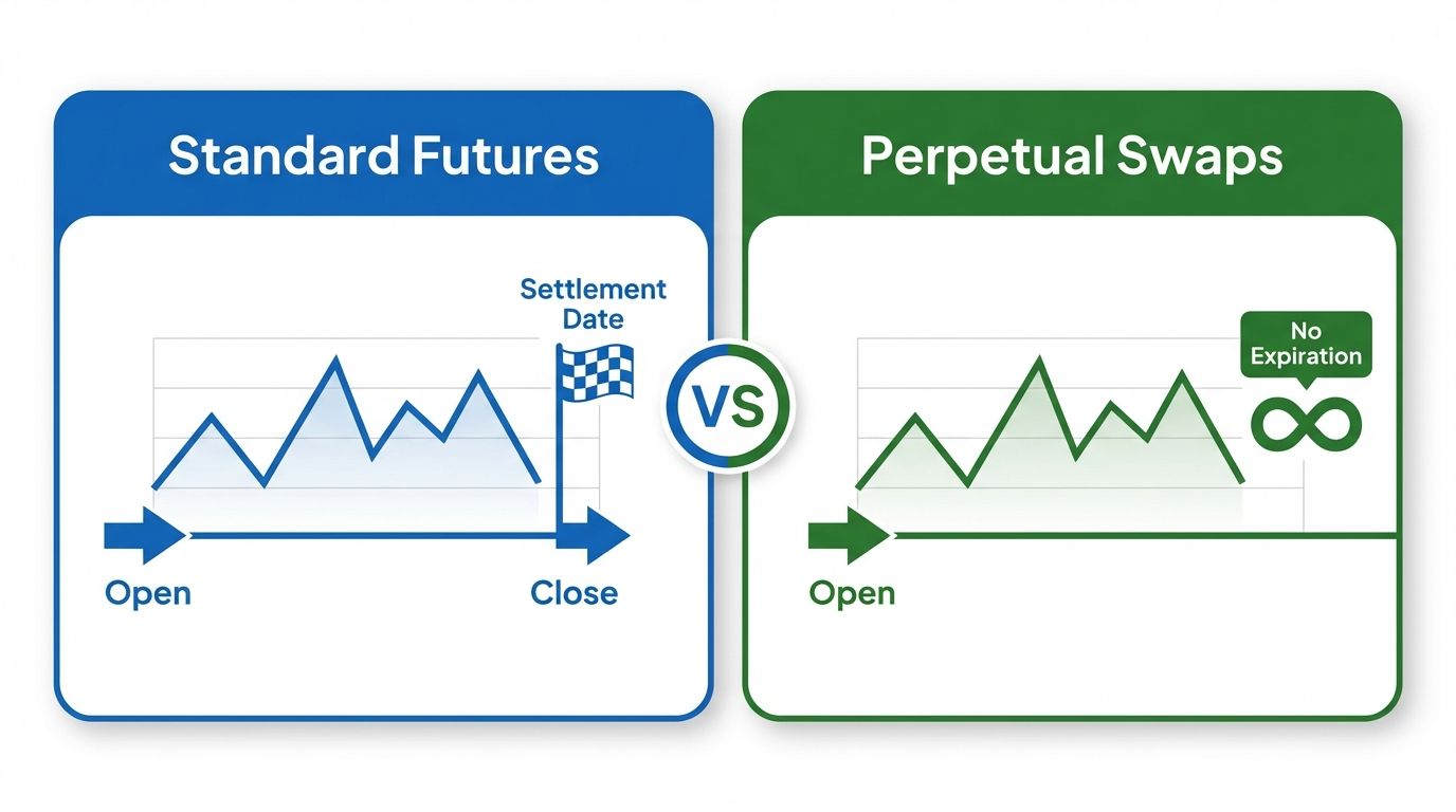 Perpetual swaps vs standard futures comparison showing no expiration date