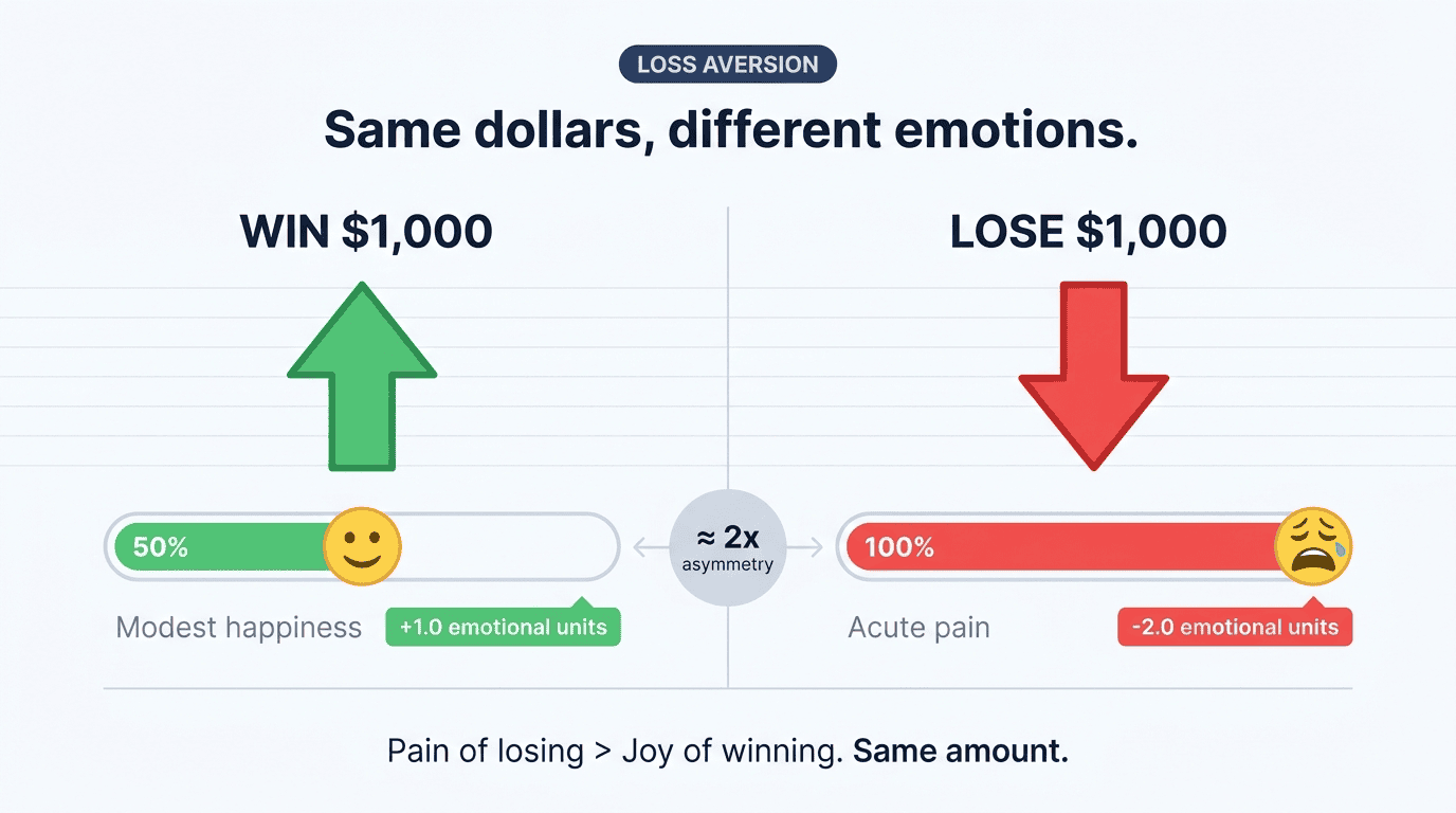 Loss aversion in numbers: $1,000 lost feels twice as bad as $1,000 won.