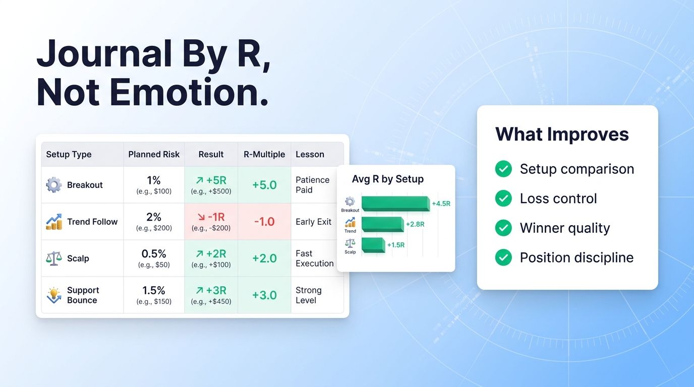 R-Multiple trading journal dashboard for crypto setups