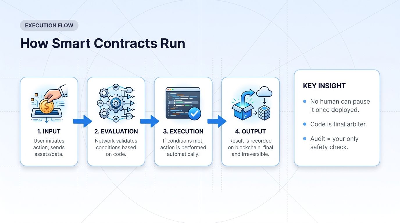 Four-stage smart contract execution flow: input, evaluation, execution, output.