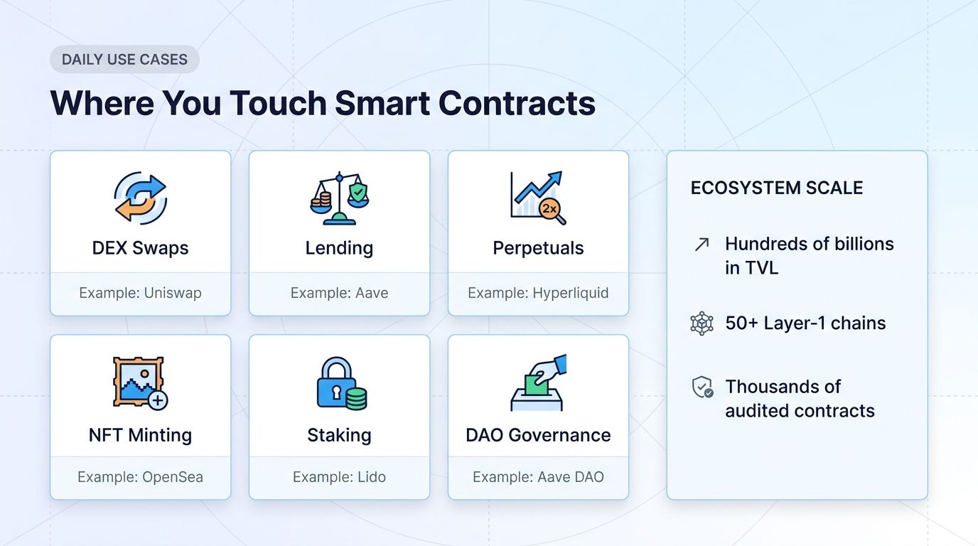 Six daily smart contract use cases: DEX swaps, lending, perpetuals, NFT minting, staking, DAO governance.