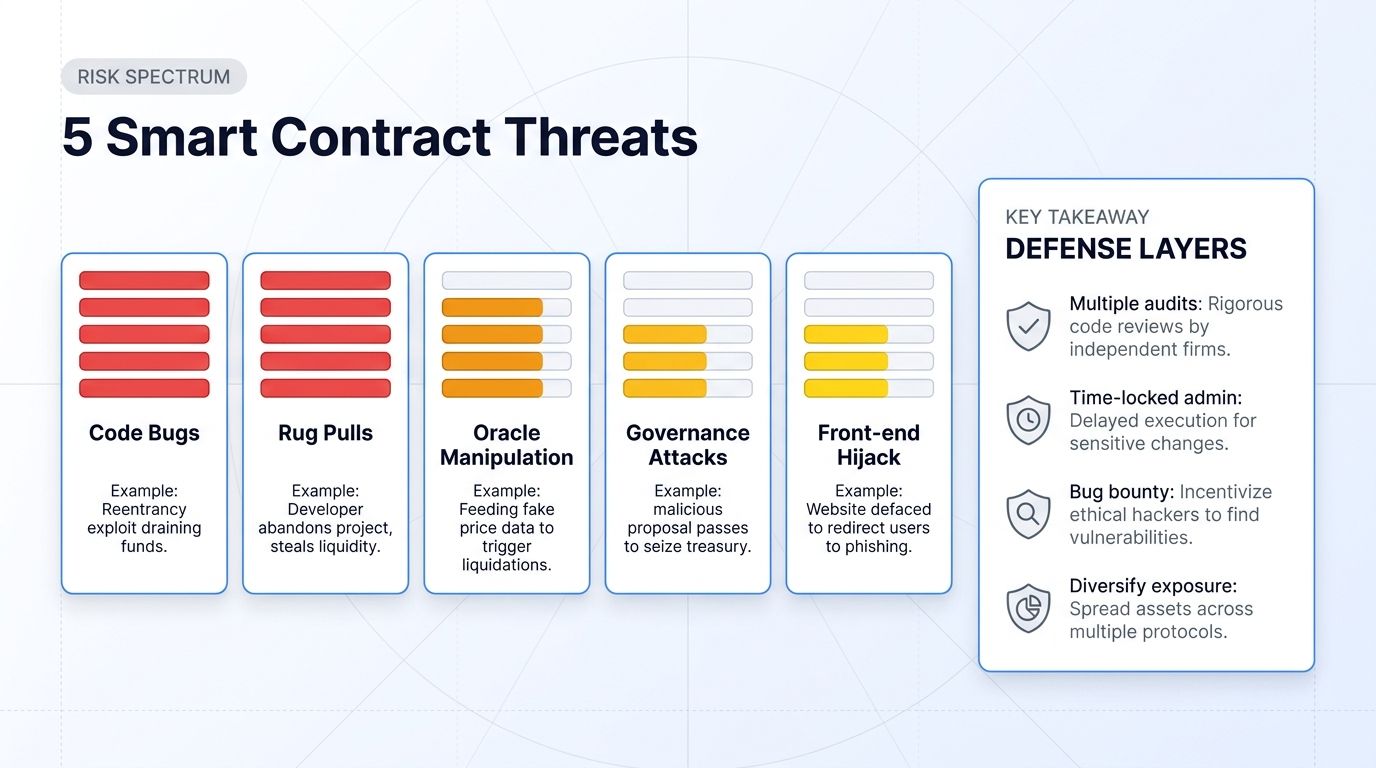 Five smart contract risk categories with severity: code bugs, rug pulls, oracle manipulation, governance attacks, front-end hijack.