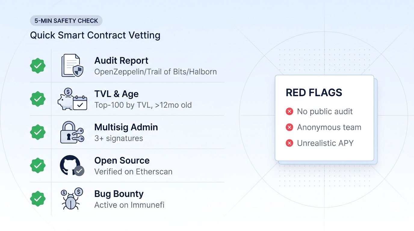 Five-step smart contract safety checklist: audit report, TVL & age, multisig admin, open source code, bug bounty.