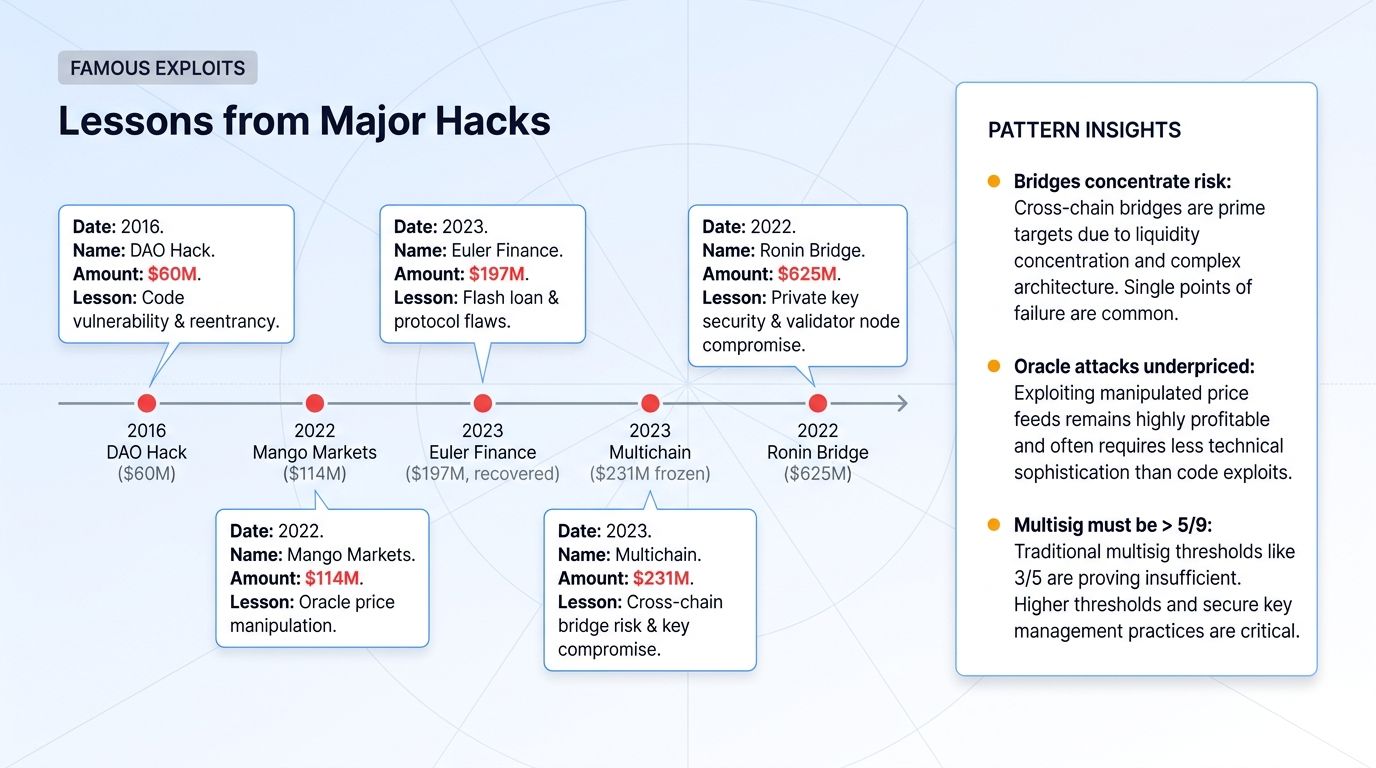 Smart contract exploit timeline: DAO Hack 2016, Mango Markets, Euler Finance, Multichain, Ronin Bridge.