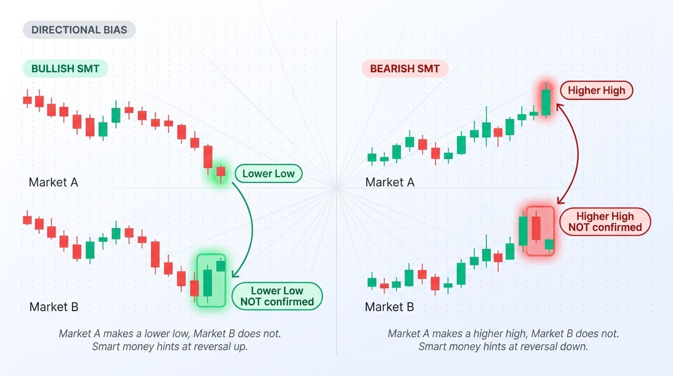 Bullish vs bearish SMT divergence side-by-side comparison on candlestick charts