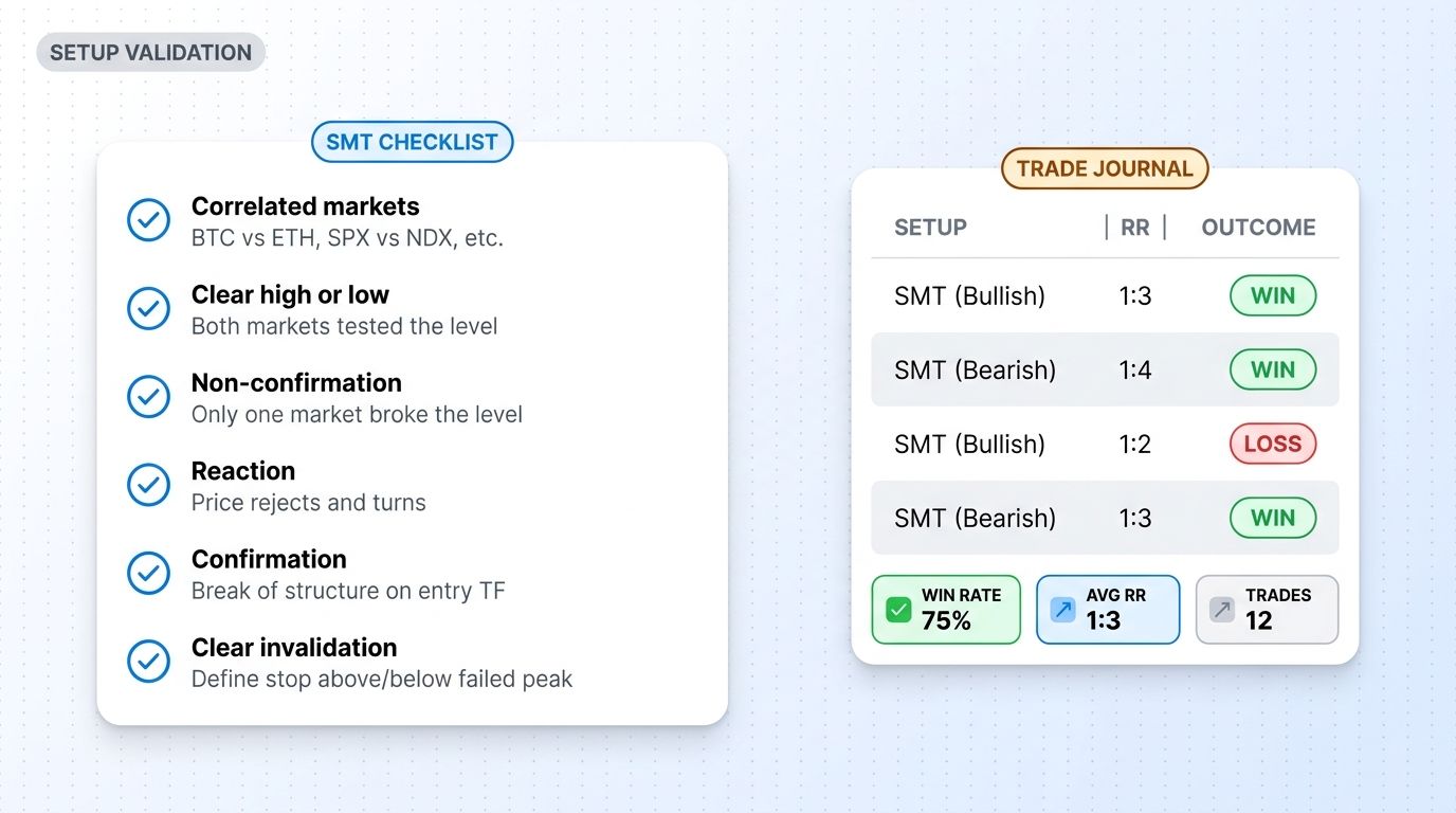 SMT divergence validation checklist plus journal snapshot