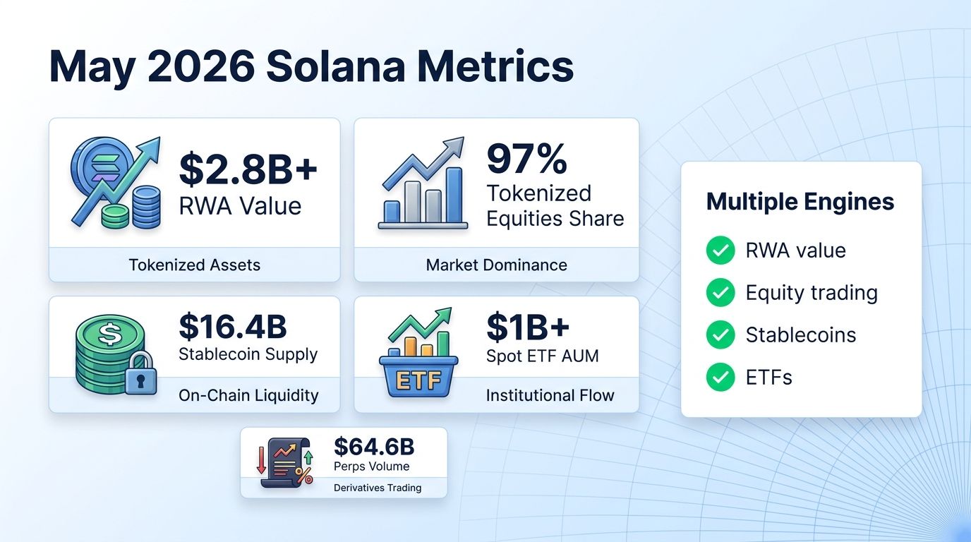 Solana May 2026 RWA, stablecoin, ETF, and perps metrics