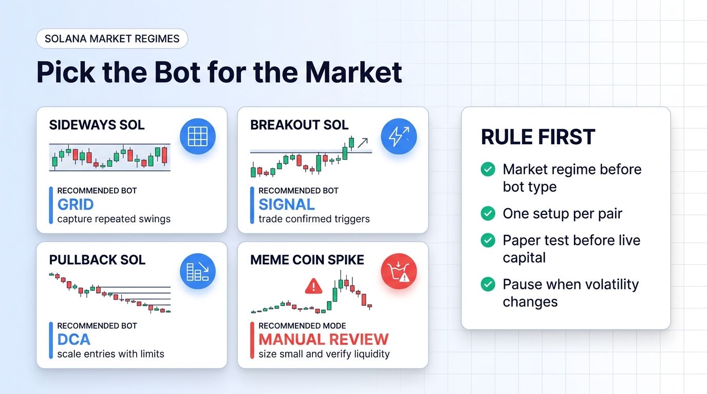 Solana bot market regime map for grid, signal, DCA, and manual review workflows