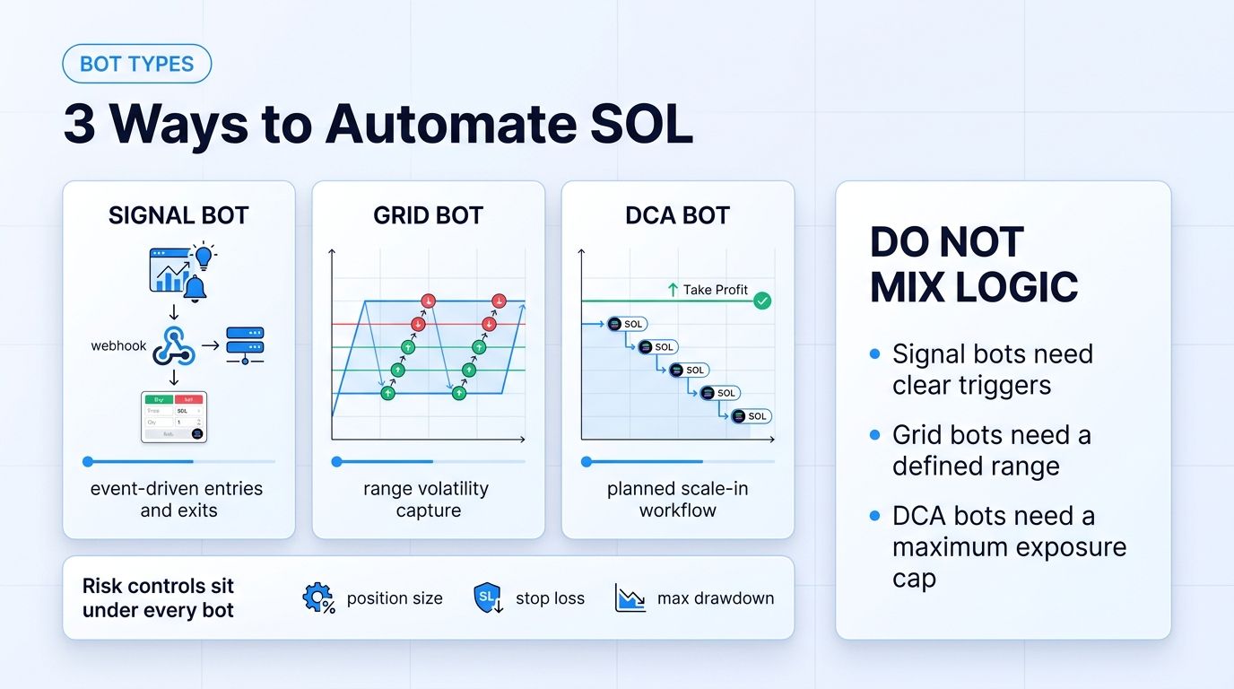 Signal bot, grid bot, and DCA bot automation flows for SOL trading