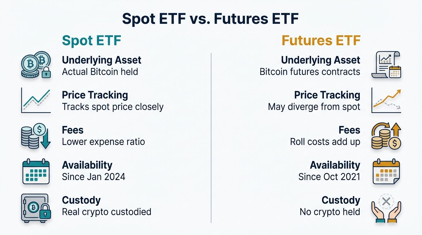 Side by side comparison of spot crypto ETF versus futures-based crypto ETF across underlying asset price tracking fees availability and custody