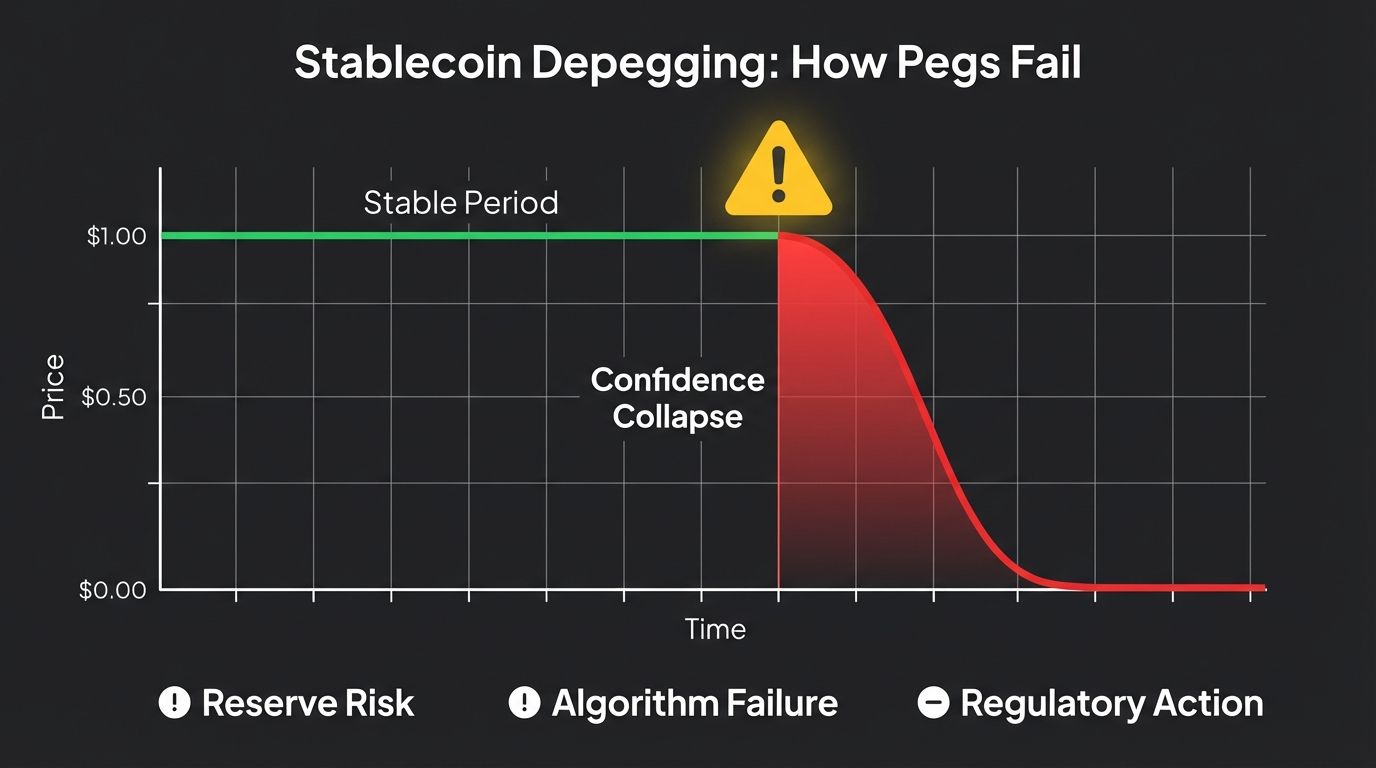Stablecoin depegging risk visual showing how pegs fail