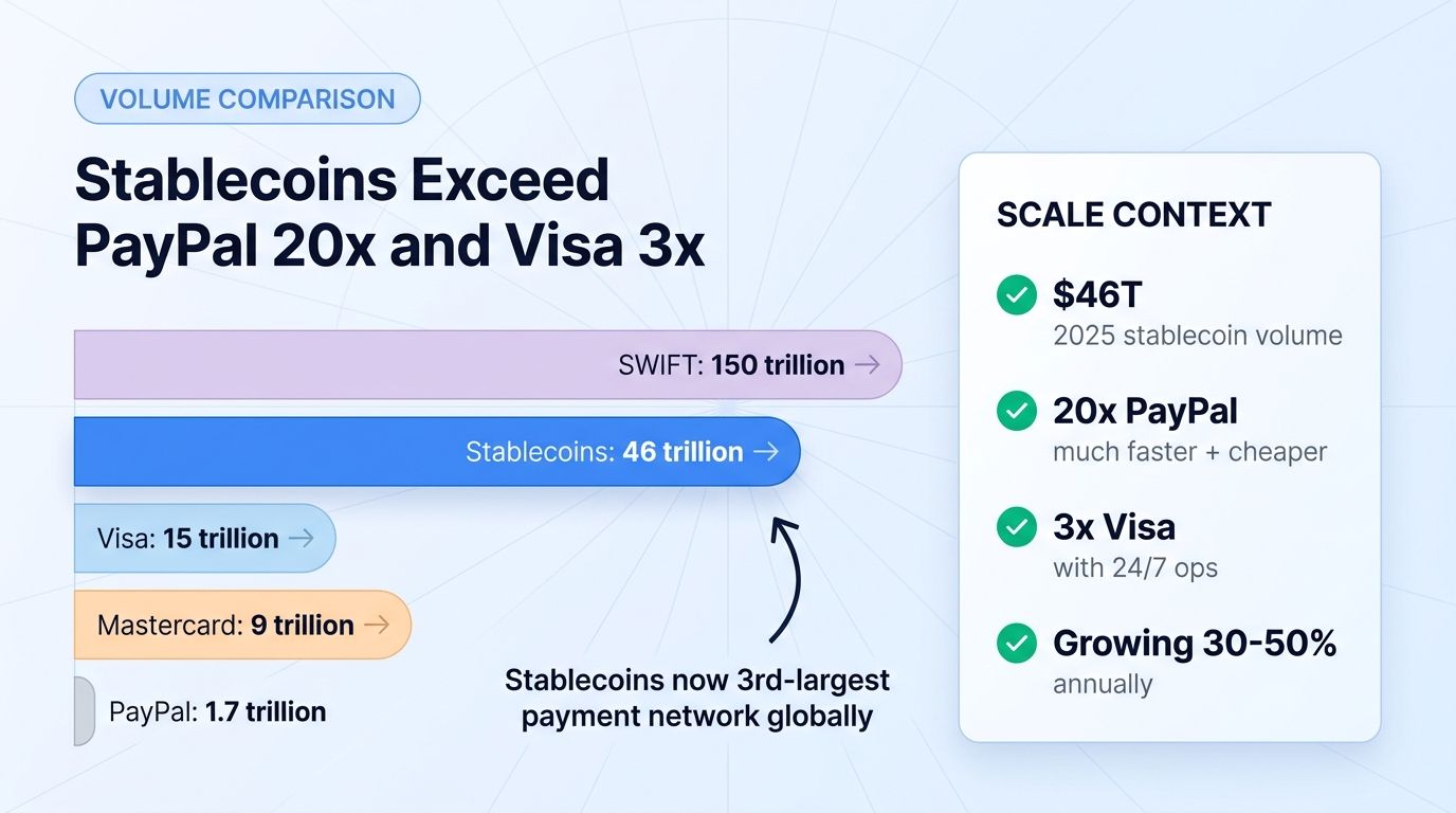 Stablecoin volume vs PayPal Visa Mastercard SWIFT 2025