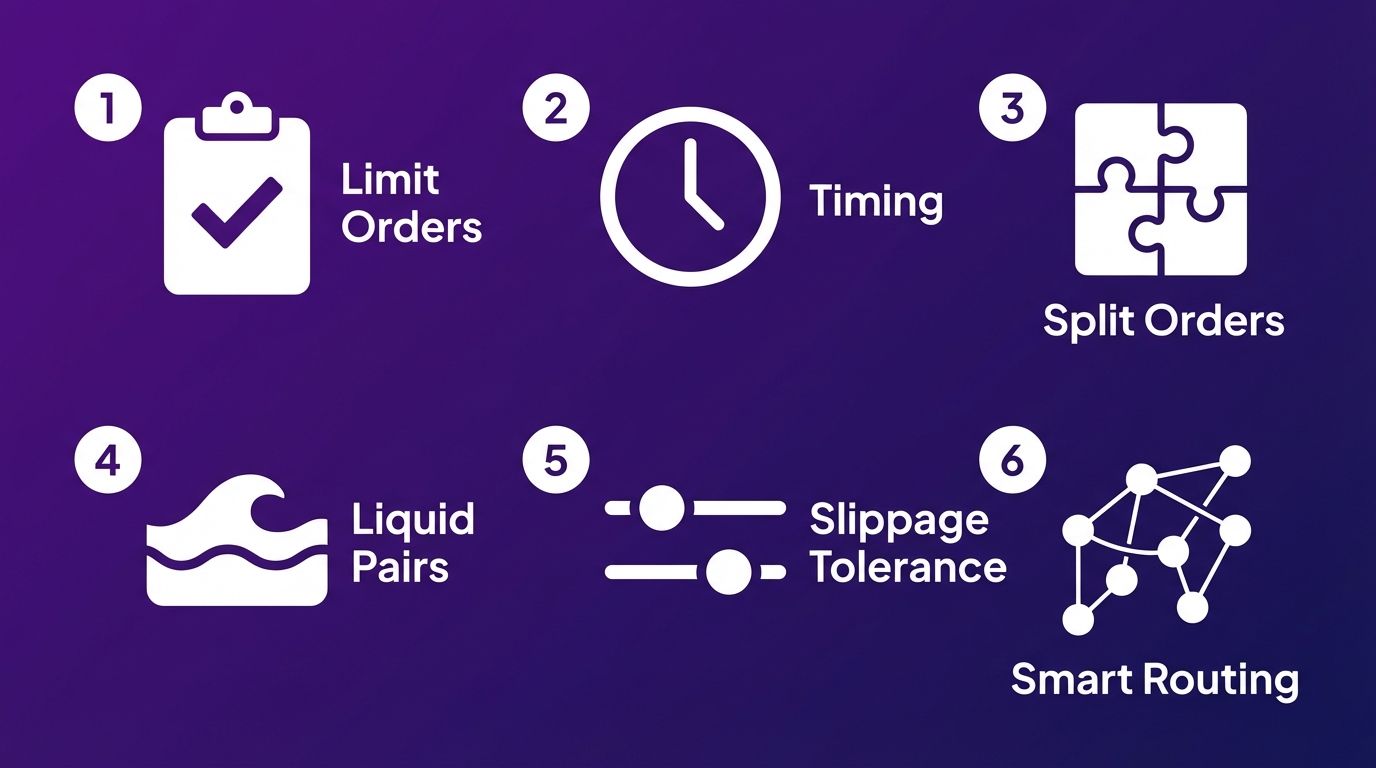Six proven strategies to reduce slippage: limit orders, timing, order splitting,