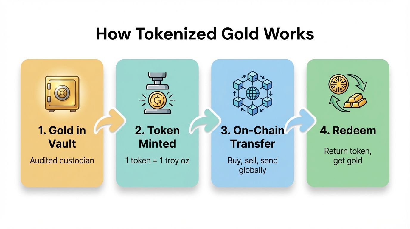 Four-step flow diagram showing how tokenized gold works from gold in vault to token minted to on-chain transfer to redemption