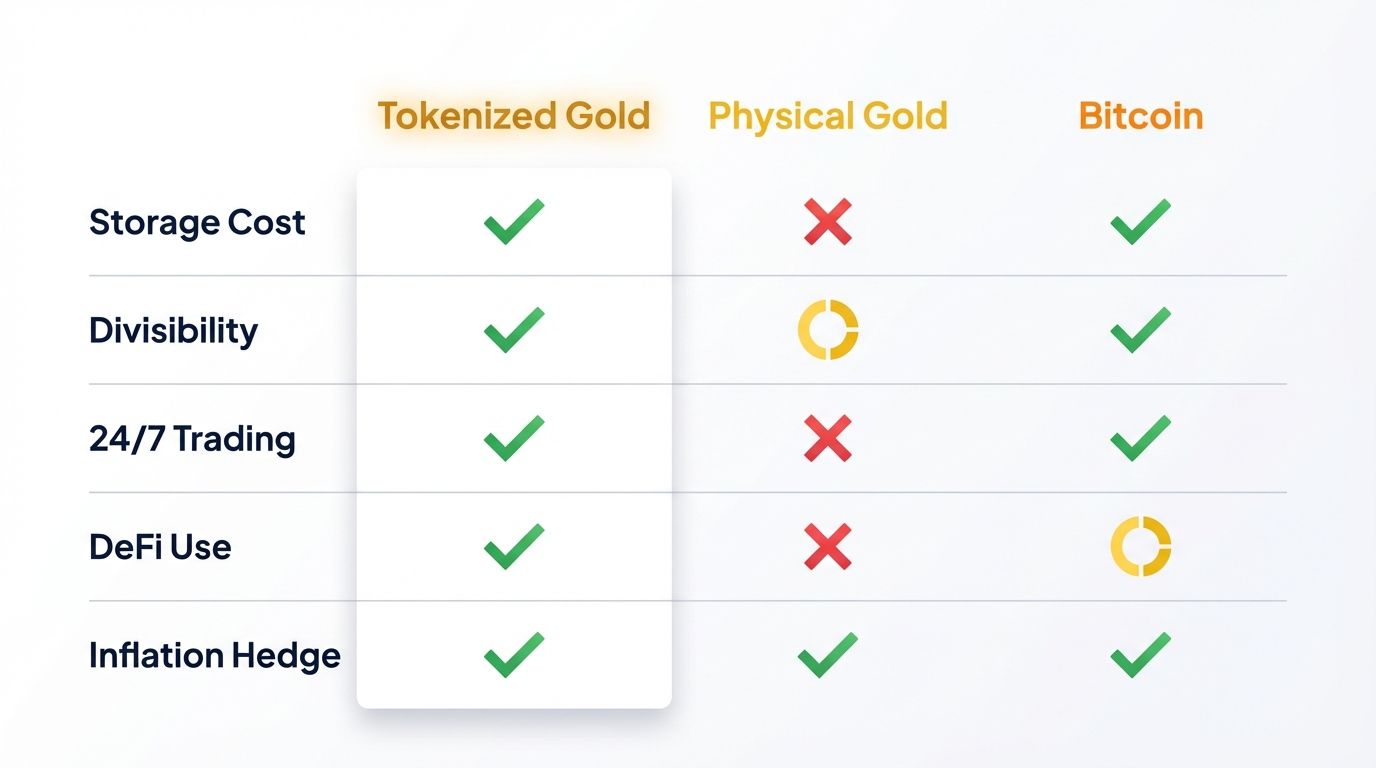 Comparison table of tokenized gold versus physical gold versus Bitcoin across storage cost divisibility trading DeFi use and inflation hedge